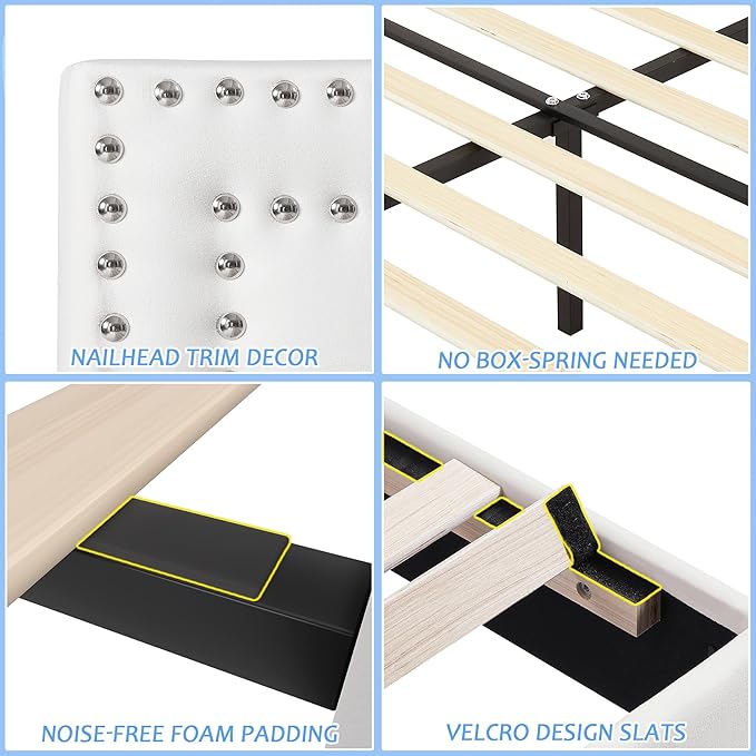 VECELO Queen Size Bed Frame with Adjustable Upholstered Headboard, Wooden Slats Platform, Noise-Free Design, Easy Assembly