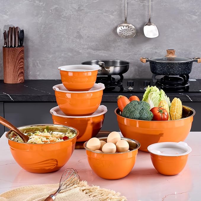 Orange Mixing Bowls With Airtight Lids,Stainless Steel Bowl,Salad Bowls 7 Piece Colorful Nesting Bowl Orange Kitchen Accessories,Size 7,3.6,2.7,2.1,1.5,1.1,0.8QT Stackable Design