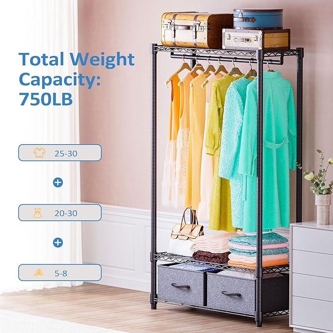 IZEUK Heavy Duty Clothes Rack with Drawers, Metal Freestanding Garment Rack for Hanging Clothes with 1 Rod & 2 Drawers, Adjustable Closet Wardrobe Organizer, 15.7" D x 35.5" W x 72.4" H, Dark Grey