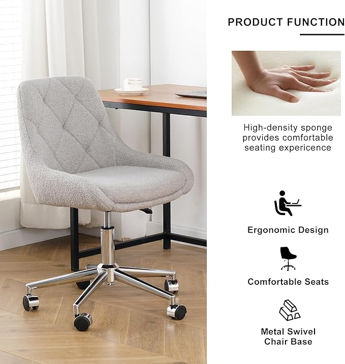 Furnimart 360° Swivel Rolling Desk Chair, Height Adjustable Vanity Chair with Silver Legs, Cute Task Chair with Wheels for Dorm Bedroom Studying Small Places (Teddy Gray)