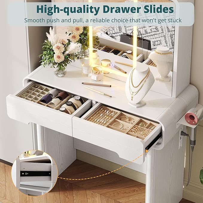 IRONCK Vanity Makeup Desk with 3-Sided Foldable LED Mirror, Create Your Glam Space with 9 Secret Storage Shelves, Built-in Charging, White Elegant Curved Dressing Table