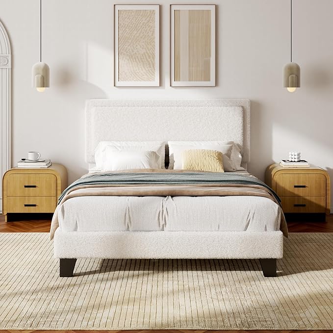 Full Bed Frame, Boucle Platform Bed with Adjustable Upholstered Headboard, No Box Spring Needed, Easy Assembly, White