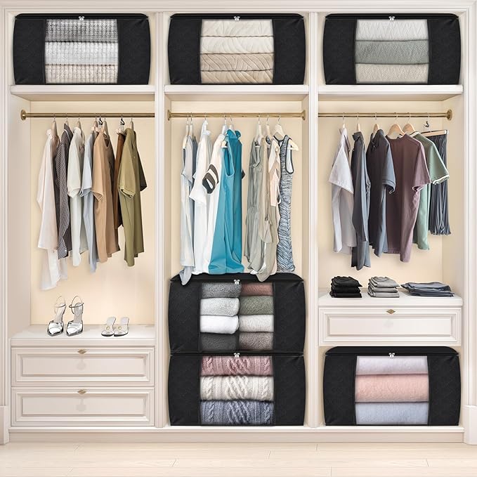 Fab totes 90L Clothes Storage, Foldable Thick Fabric Blanket Storage Bags, Containers for Organizing Bedroom, Closet, Clothing, Comforter, Organization with Handle (6 Pack,Black)