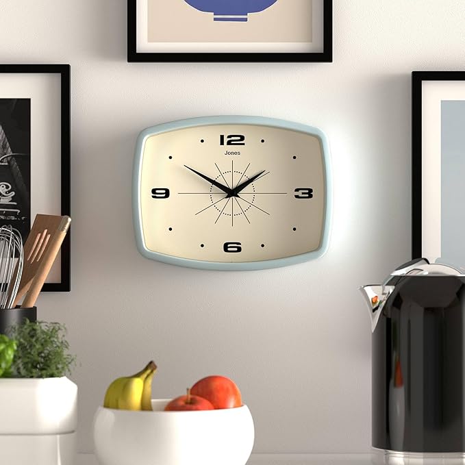 JONES CLOCKS® Movie Wall Clock | Rectangular Retro Clock | 10 inch | Pale Blue | Cool mid-Century Designer Look for Kitchen, Living Room or Office