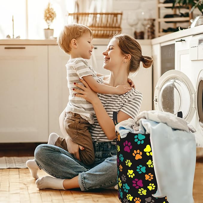 Dog Paw Laundry Basket,Colorful Paws Foldable Laundry Hamper,Dirty Clothes Laundry Basket, Linen Bin Storage Organizer for Toy Collection 16" x 20"
