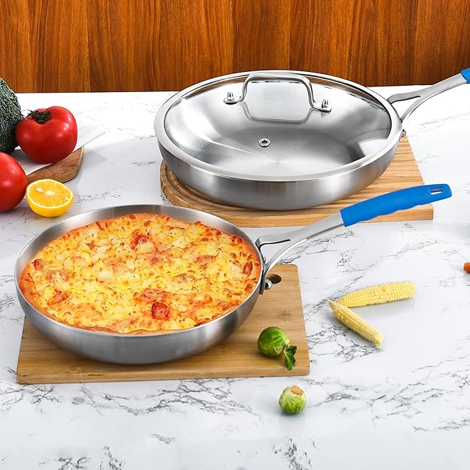 Inqibee 8.5-12 Inch Tri-Ply Stainless Steel Frying Pan set with a Lid,Skillets,Induction Cooking Pans Set,Dishwasher and Oven Safe,Detachable Handle