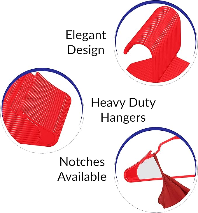 Royale Linens 20 Pack Red Plastic Hangers for Clothes - Heavy Duty Clothes Hanger for Everyday Use - Lightweight & Space Saving Notched Plastic Hangers