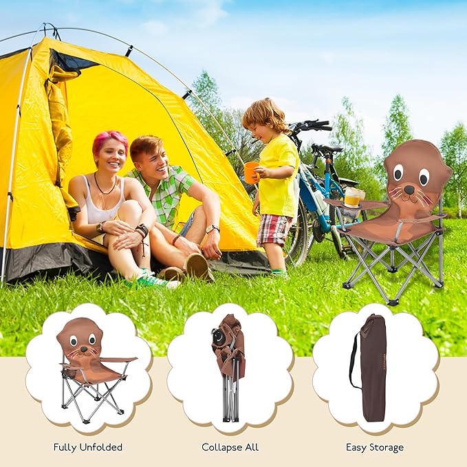 XMT Kids Folding Chair with Cup Holder - Portable Lightweight Outdoor & Indoor Chair for Children Ages 3-9, Anti-Slip Base, Sturdy Metal Frame, Compact Foldable Design with Carry Bag (Yellow/Brown)