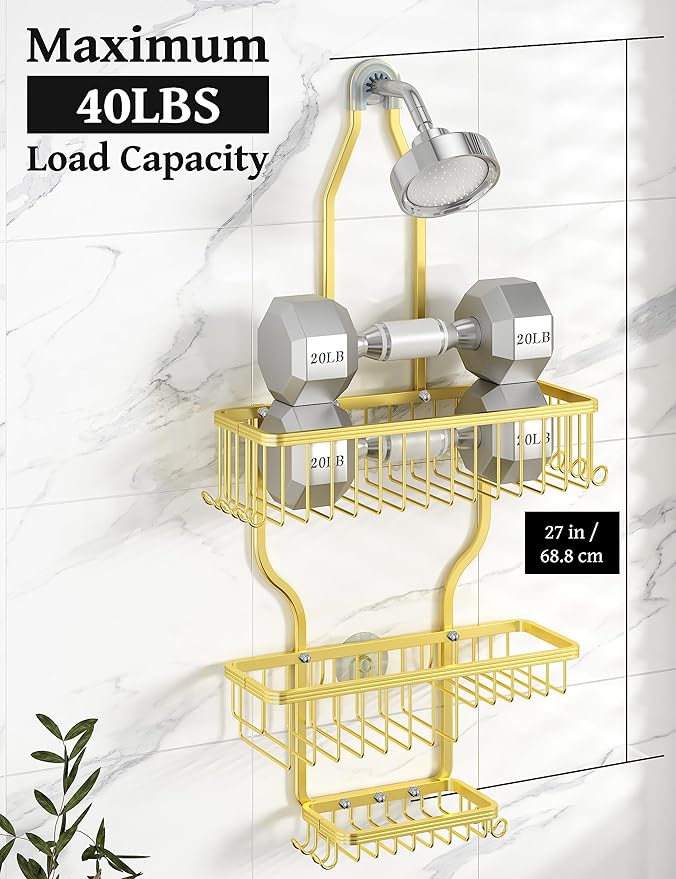 YASONIC Shower Caddy Over Shower Head Never Rust Aluminum Large Hanging Shower Caddy with 10 Hooks for Razor/Sponge - Over The Shower Head Caddy with Soap Basket - Hanging Shower Organizer Gold