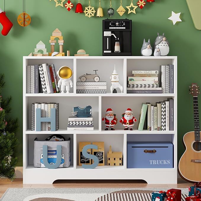 Book Shelf for Kids, 8 Cubes Storage Organizer Montessori Bookshelf, 3-Tier Wooden Kids Bookcase, Toy Storage Organizer for Children, White Toddler Bookshelf Cube Shelf for Kid’s Room, Classroom