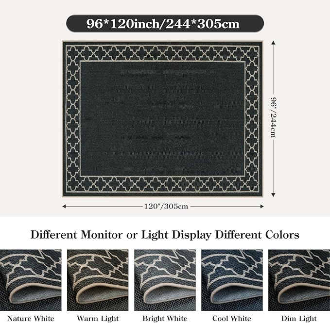 OJIA Easy Jute Outdoor Area Rug 8x10, Large Patio Rug Washable Living Room Rug Farmhouse Indoor Outdoor Carpet Bordered Modern Non-Slip Black Rugs for Bedroom Backyard Deck Decor