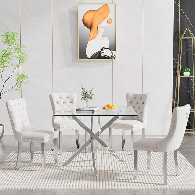 Goujxcy 5 Piece Glass Dining Table Set Modern Small Glass Dining Table Set for 4, 35.43" Square Kitchen Table and 4 Velvet Upholstered Chairs for Kitchen Dining Room, Silver & Beige