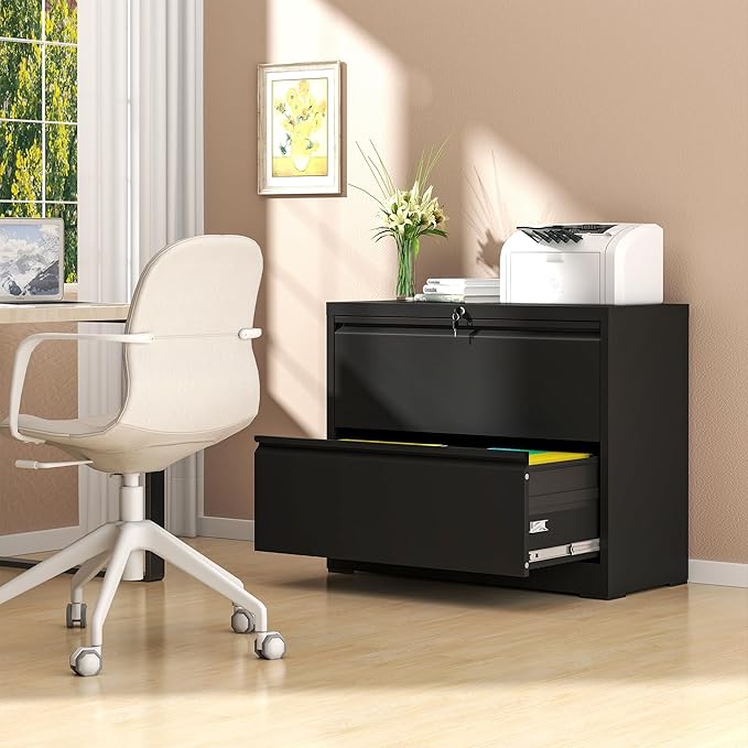 AQY 2 Drawer File Cabinet with Lock,Metal Lateral File Cabinets for Home Office,Steel Wide Filing Organization Storage Cabinets for Hanging Files Letter/Legal/F4/A4 Size Assembly Required(Black)