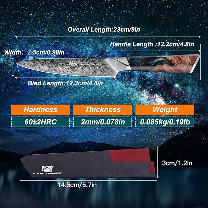 FINDKING Nebula Series Kitchen Utility Knife with ABS Sheath, Versatile Small Petty Knife, 10Cr15CoMov Damascus Blade, Resin and Figured Sycamore Handle, Full Tang, 5 Inch, Blue, for Fruit, Steak