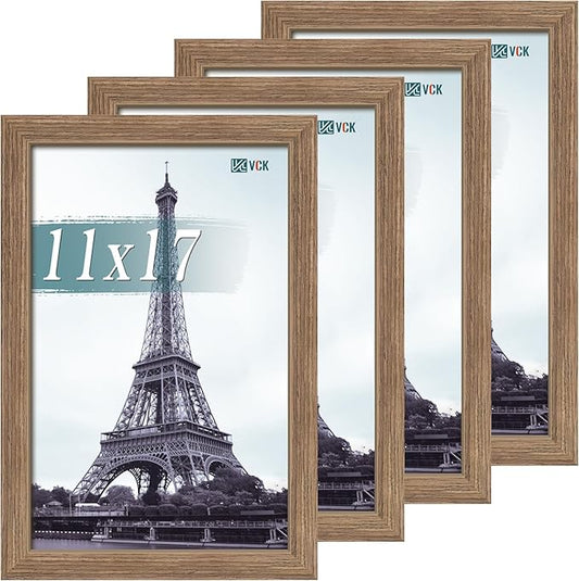 VCK 11x17 Picture Frame Set of 4 - Walnut, Gallery-Quality Wood Poster Frames, 1.1-Inch Wide Border, Polished Plexiglass, Vertical or Horizontal Wall Display for Photo/Art/Prints, Walnut