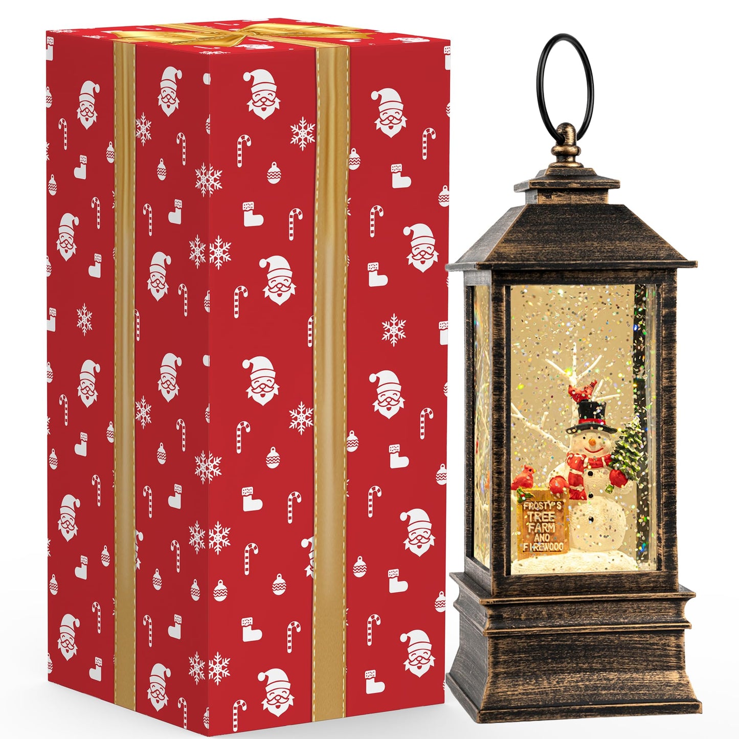 10'' Frosty's Tree Farm Snowman Musical Lighted Snow Globe Water Lantern with Swirling Glitter Decoration for Christmas Home, Living Room, Battery Operated or USB Powered