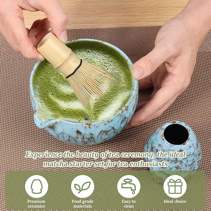 2Pcs Ceramic Matcha Bowl and Whisk Holder Set Easy to Use Tea Bowl and Whisk Stand Easy to Clean Matcha Tea Mixing Tool for Lover.(Kiln turns blove,2PCS)