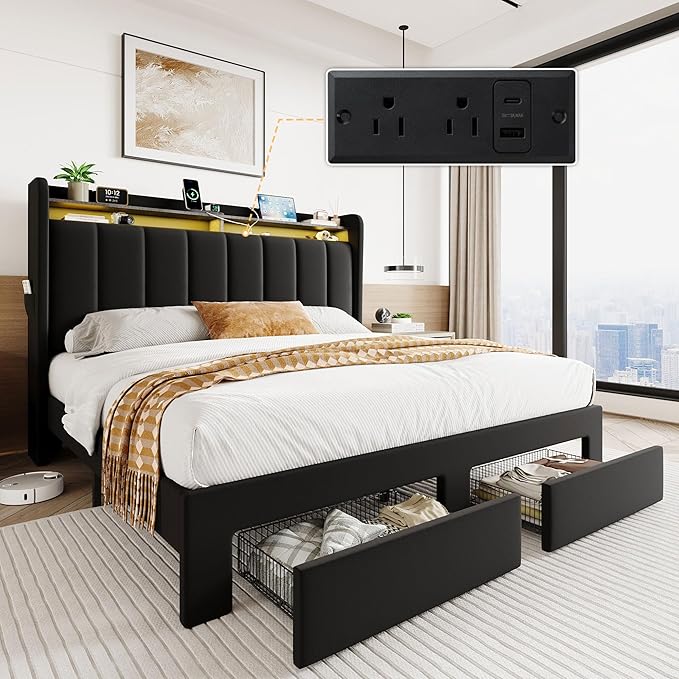 SHA CERLIN Velvet Queen Bed Frame with Vertical Channel Tufted Wingback Headboard & 2 Storage Drawers/2-Tier Shelves with LED Lights & Charging Station/Noise-Free/No Box Spring Needed/Black