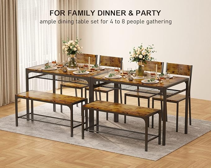 Gizoon Kitchen Table and 2 Chairs for 4 with Bench, 4 Piece Dining Table Set for Small Space, Apartment (Rustic Brown)