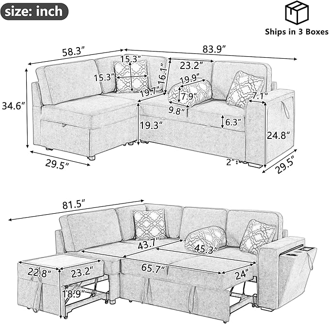 Ball & Cast Convertible Sleeper Sofa Bed,Chenille L Shaped Pull Out Couch Bed with Flip-Top Table,USB Ports & Hidden Cup Holders,Corner Sectional Sofa Couches for Living Room,Light Gray