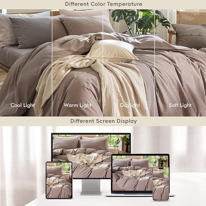 MooMee Bedding Duvet Cover Set 100% Washed Cotton Linen Like Textured Breathable Durable Soft Comfy (Heathered Mauve Brown, Full 80"x90")