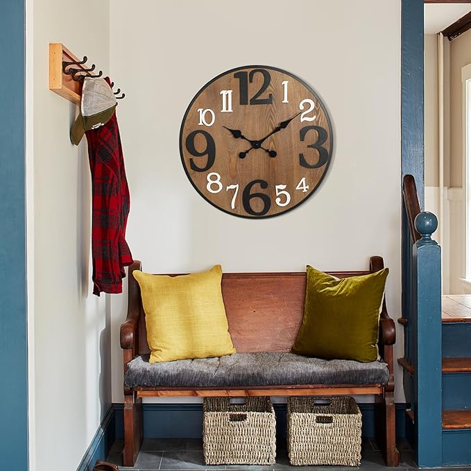 RiteSune 24 Inch Wood Wall Clock, Modern Large Numerals Battery Operated Quartz Movement, Black Metal Frame Decor Clock for Living Room Office Kitchen Bedroom, Entryway, Home, Office