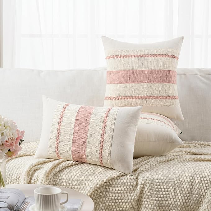 Fancy Homi Set of 2 Boho Pink Long Lumbar Decorative Throw Pillow Cover 12x24 Inch for Couch Bed Sofa Chair, Modern Organic Farmhouse Home Decor, Soft Cotton Cute Accent Rectangle Cushion Case