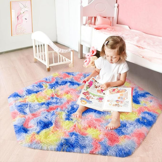 junovo Ultra Soft Hexagon Rug Fluffy Rainbow Nursery Rug for Princess Tent Kids Play Castle, Furry Hexagonal Carpet for Kids Girls Room Playhouse Classroom Dorm Home Decor, 4.6ft Tie-Dye Orange-Red