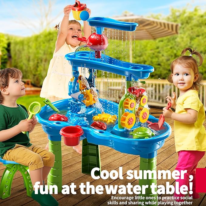 3-Tier Kids Water Table for Toddlers Kids Ages 3-5 4-8, Summer Outdoor Water Table Beach Kids Toys, Toddler Sensory Activity Sand Box Play Set with Rain Showers Splash Pond for Boys Girls