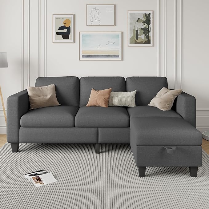 Sectional Sofa Couches for Living Room - L Shaped Cloud Couch-Small Modular 3 Seat-Comfy Linen with Storage Deep Seat Sofa,Washable Covers-Suitable for Living Room-Apartment-Office-Bedroom-Dark Grey