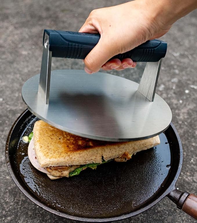 Stainless Steel Burger Smasher 3.25 LB – 8 Inch Steak Weight for Smash Burgers, Bacon, Sandwiches | Dishwasher Safe, Preheatable Protein Press with Silicone Handle | Commercial BBQ Tool