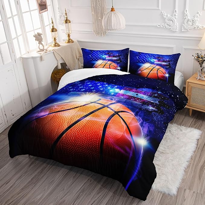 Kids Comforter Set Basketball Printed Pattern Bedding Set with 1 Comforter and 2 Pillowcases for Girls Boys Bedroom All Season(Basketball Full)