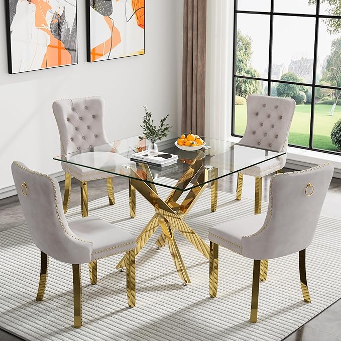 Goujxcy Glass Dining Table Set for 4, Modern Kitchen Table and Chairs Set of 4, 5-Piece Kitchen Dining Room Table Set w/36 Square Gold Glass Dining Table and 4 Beige Velvet Upholstered Chairs