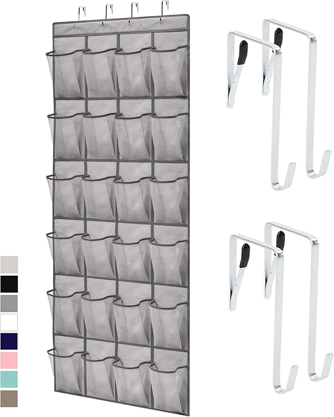 GORILLA GRIP Over the Door Shoe Organizer, 24 Large Breathable Mesh Pockets, Space Saving Hanging Storage Holder, Closet Rack Hanger Holds Up to 40 lbs, Hangs on Closets for Shoes, Accessories, Gray