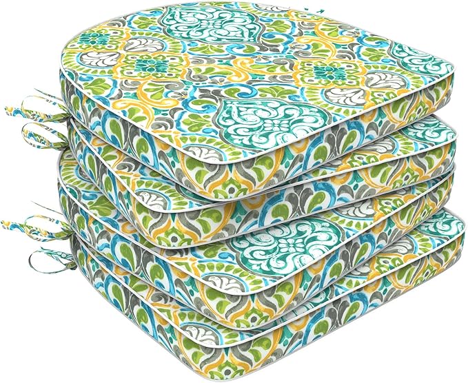 Set of 4 Outdoor Chair Cushions 19"x19"x2",Water Repellent Dining Seat Cushion with Ties and Removable Covers, Chair Cushions for Indoor and Patio Furniture, Damask Green