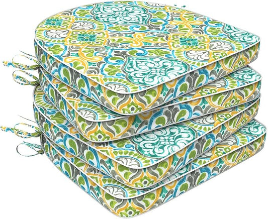 Set of 4 Outdoor Chair Cushions 19"x19"x2",Water Repellent Dining Seat Cushion with Ties and Removable Covers, Chair Cushions for Indoor and Patio Furniture, Damask Green
