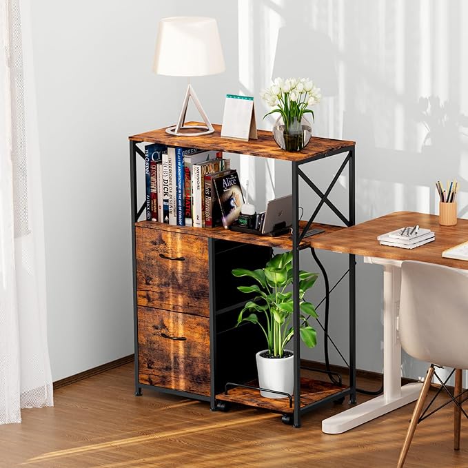 Printer Stand for Home Office, 31.5 x15.7 x 40 Inches Large Mobile Printer Table with Adjustable Storage Shelf, 2 Drawer File Cabinets Rolling Cart with Wheels for Host Computer - Rustic Brown