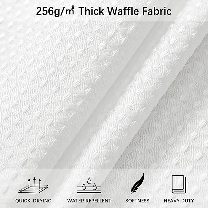 White Shower Curtain 256GSM Weighted Waffle Water Repellent Heavy Duty Fabric, Machine Washable Hotel Quality Bathroom Shower Curtain Set with 12 Metal Hooks, 72Wx72H