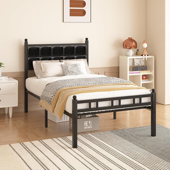 VECELO Twin Bed Frame, Faux PU Leather Platform Beds with Upholstered Headboard and Footboard, Strong Metal Slats Support, Noise-Free, No Boxing Spring Needed, PU Black