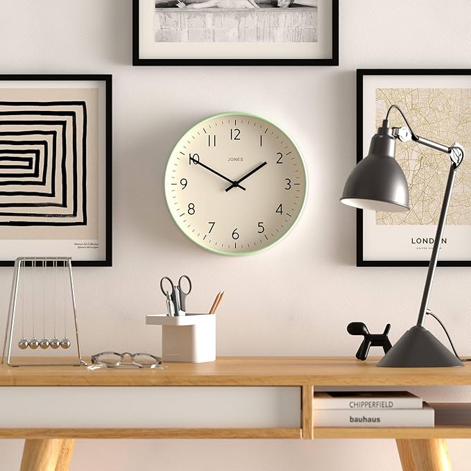 JONES CLOCKS® Studio Wall Clock | Modern Round Clock | 12 inch | Neo Mint Green | Easy to Read Numbers | Versatile Design for Kitchen, Living Room or Office