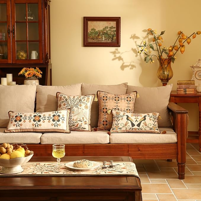 Brown Throw Pillow Covers Set of 4,Floral Farmhouse Linen Accent Pillows Cover for Couch Throw Pillows Cases,Decor Lumbar and Square Pillows for Couch Sofa Bed Chair Cushion Covers