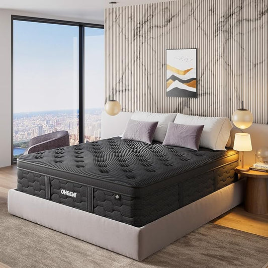 OhGeni 10 Inch Cooling Queen Size Mattress, Hybrid Gel-Infused Memory Foam Bed Mattresses in a Box, Medium Feel Cool Top Fabric, Home Gift for Mom, 3-Zone Design & Reinforced Edge Support, Black