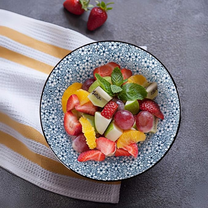 38 oz Japanese Ramen Bowl Set of 6 - Large 8 Inch Ceramic Soup Bowls, Blue and White Japanese Noodle Bowls for Pho, Ramen, and Salad - Cherry Blossom Floral Patterns