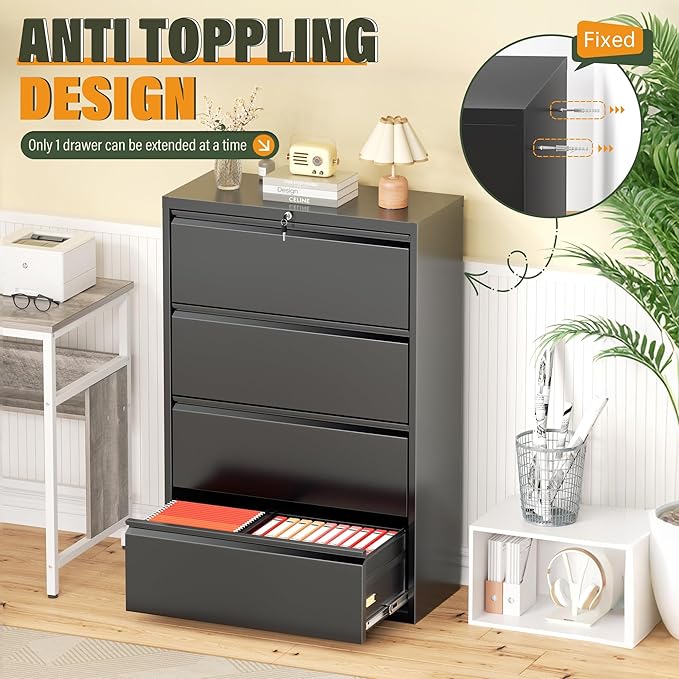 Greenvelly Lateral File Cabinet 4 Drawer, Lockable Metal Filing Cabinet for Home Office, Black Metal File Cabinet with Lock for Legal/Letter/A4/F4 Size with Hanging Bars&Key
