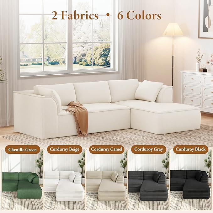 Vesgantti 106" Boneless Couch with Chaise, Deep Seat Cloud Sofa Sectional, Chenille Memory Foam Modular Couches for Living Room, No Assembly Required (Creamy Beige, Right-Facing Chaise)