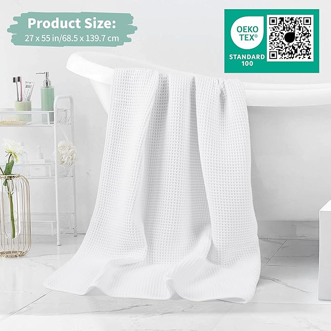 Microfiber Waffle Bath Towels, 4 Pieces, Soft, Absorbent, Fast Drying, Lint Free (White)