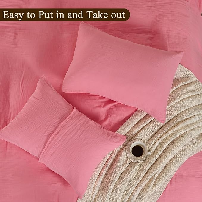 MEISHANG Muslin Duvet Cover Queen Size - 100% Organic Cotton, Soft Textured Gauze Weave Comforter Cover for Breathable All-Season with Zipper Closure - 3 Piece Set (Queen, Pink)