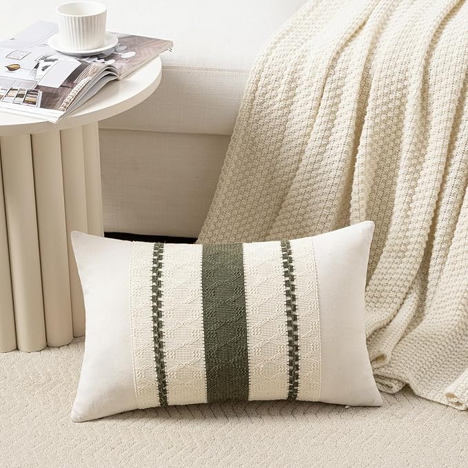 Fancy Homi Set of 2 Boho Olive Green Long Lumbar Decorative Throw Pillow Cover 12x24 Inch for Couch Bed Sofa Chair, Modern Organic Farmhouse Home Decor, Soft Cotton Cute Accent Rectangle Cushion Case