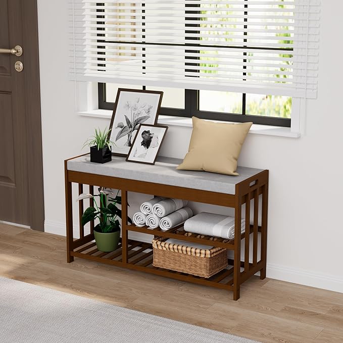 3-Tier Bamboo Shoe Rack Bench, Shoe Storage Organizer Bench, Entryway Benchs, Shoes Rack for Front Door Entrance, Entryway Bathroom Bedroom