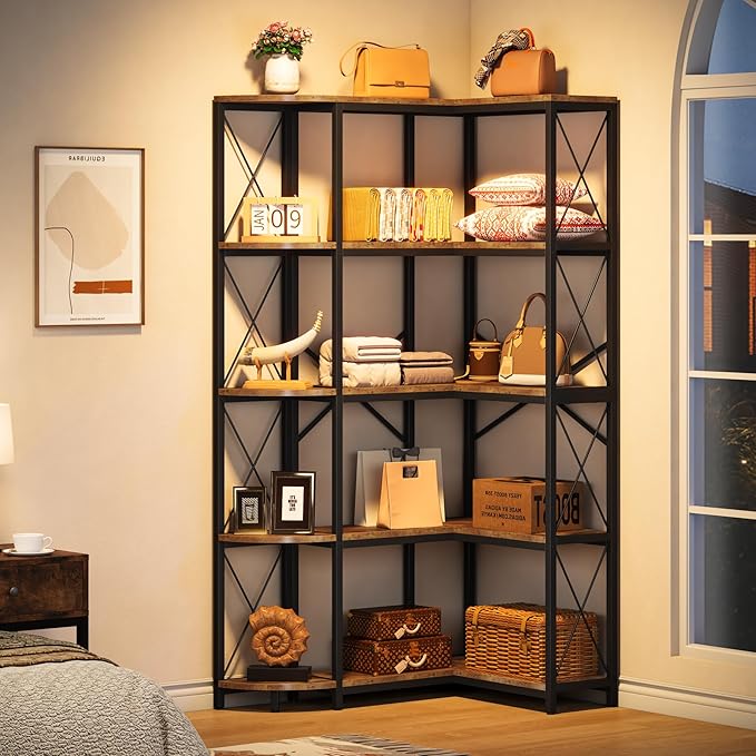 5-Tier Reversible Corner Bookshelf, Modern Industrial Bookcase, 5-Shelf Large L-Shaped Storage Shelf Display Rack with Metal Frame for Living Room, Home Office, Bedroom, Rustic Brown